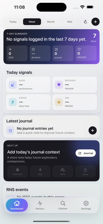 Neurotrace iOS Dashboard screen